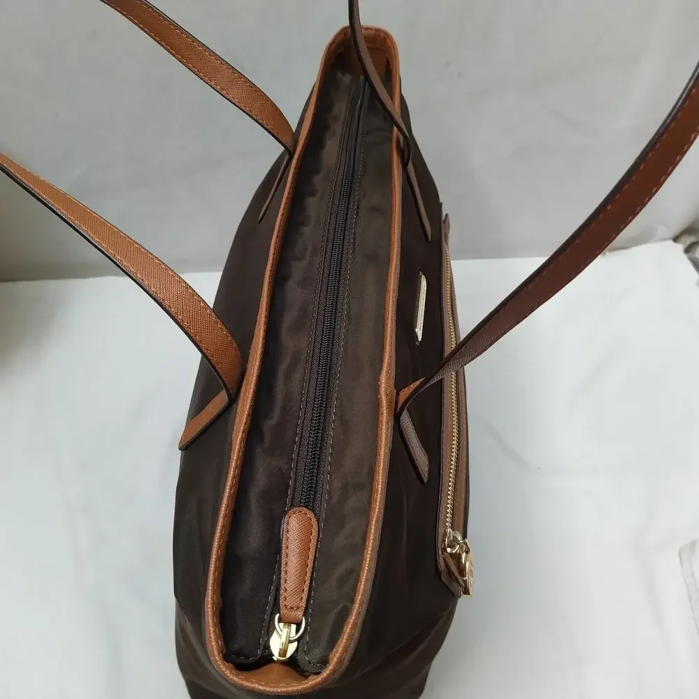 Michael Kors Brown Nylon Leather Trim Double Handles Tote Shoulder Bag